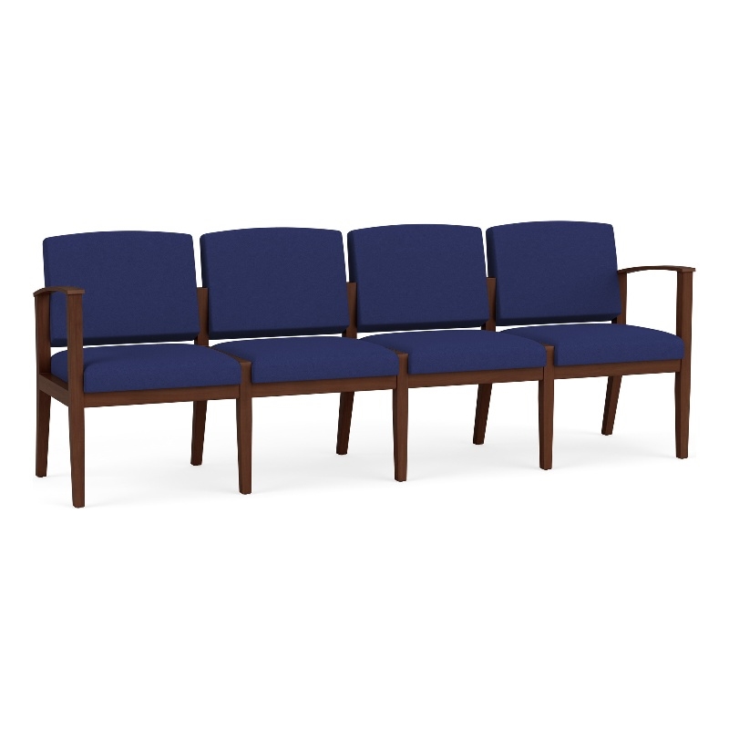 Amherst Wood Reception Waiting Room Healthcare 4-Seat Chair / Walnut Wood / Blue