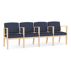 Amherst Wood Reception Waiting 4 Seat Tandem Seating / Natural Wood / Blue