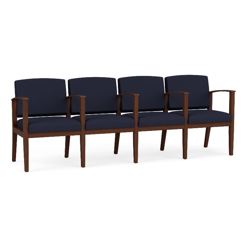 Amherst Wood Reception Waiting 4 Seat Tandem Seating / Walnut Wood / Navy Blue