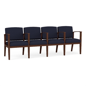 Amherst Wood Reception Waiting 4 Seat Tandem Seating / Walnut Wood / Navy Blue