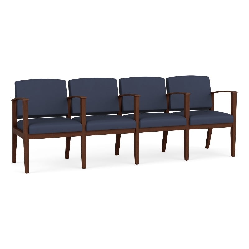 Amherst Wood Reception Waiting 4 Seat Tandem Seating / Walnut Wood / Blue