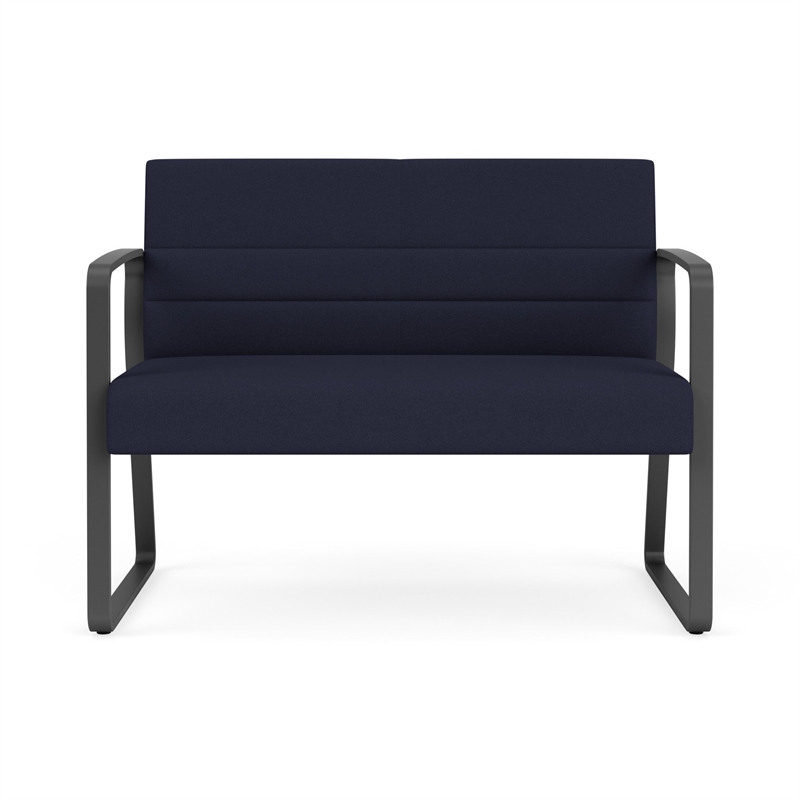 Waterfall Reception Waiting Sled Base Loveseat / Charcoal Steel / Navy Blue