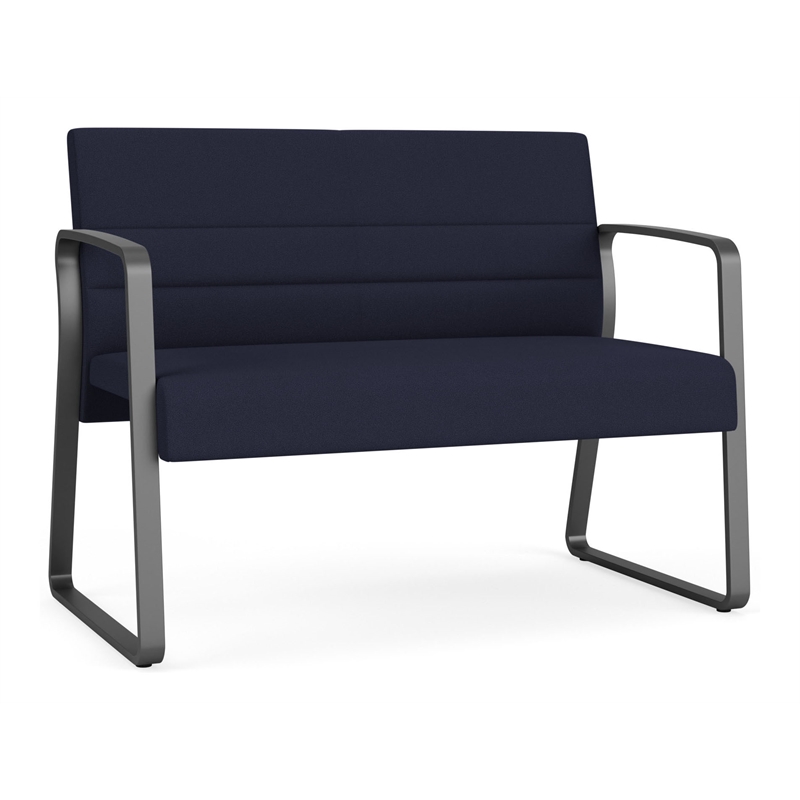Waterfall Reception Waiting Sled Base Loveseat / Charcoal Steel / Navy Blue