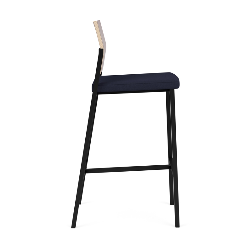 Avon Reception Cafe Stool UPH Seat HPL Back / Black Steel / Mahogany / Navy Blue