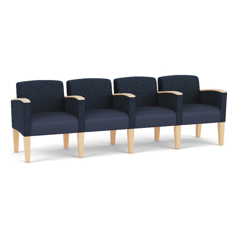 Belmont Reception 4 Seat Tandem Seating / Natural Wood Legs / Blue / Dark Blue