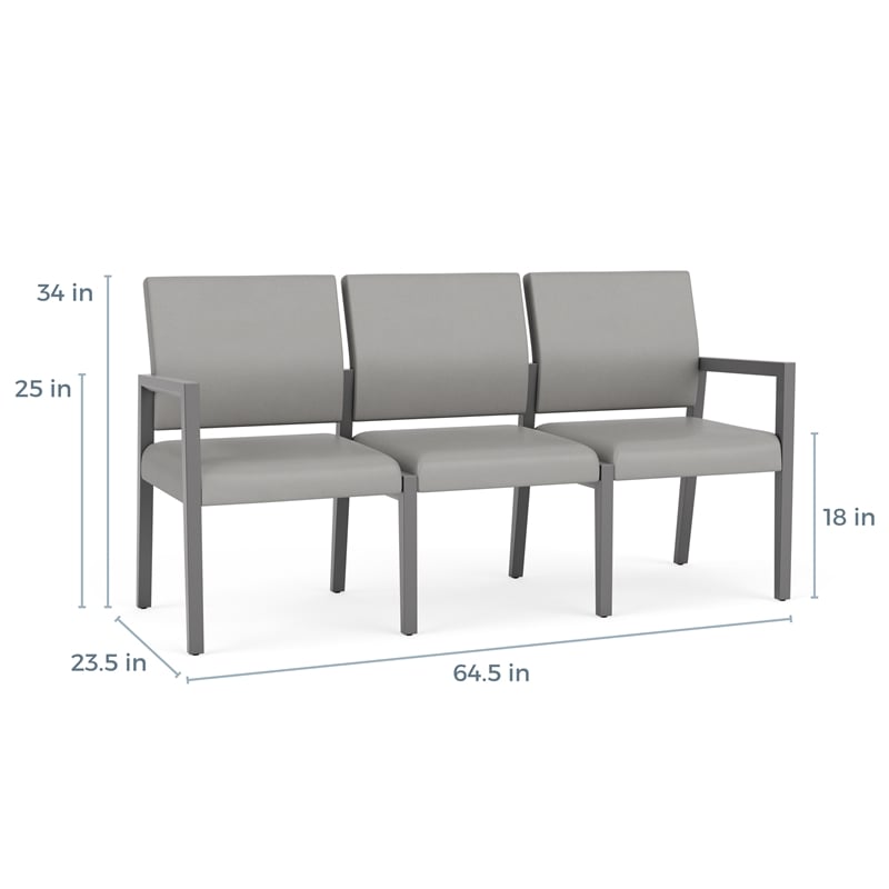 Lesro Brooklyn Waiting Reception 3 Seat Tandem Seating No Center Arms in Gray