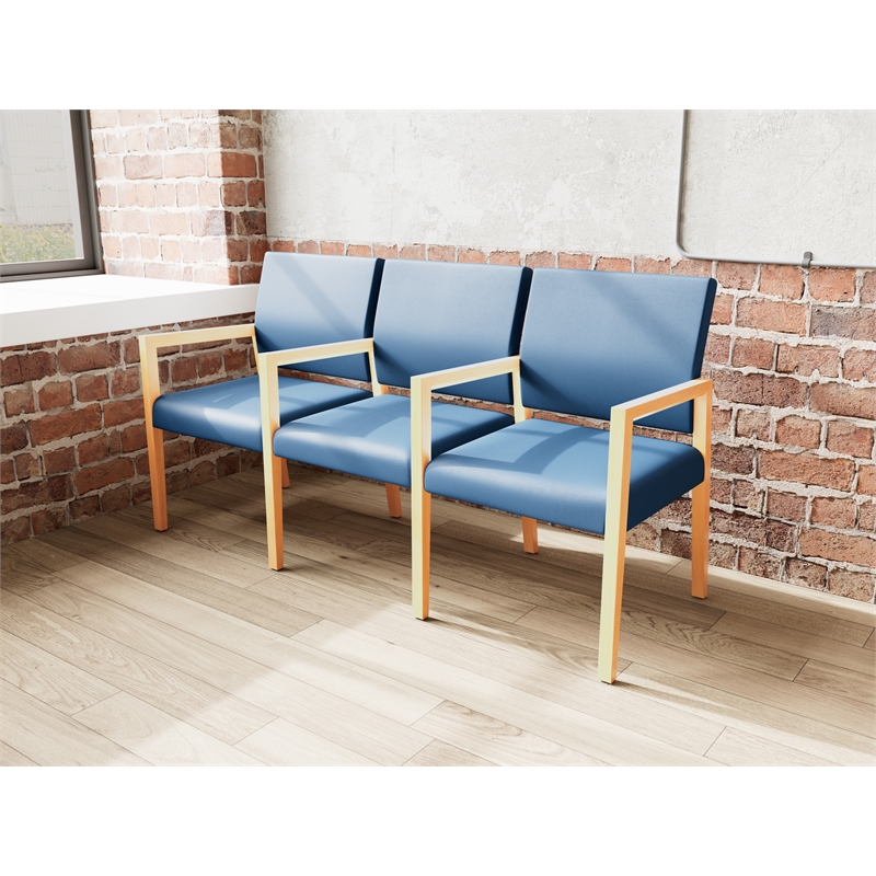 Lesro Brooklyn Waiting Reception 3 Seat Tandem Seating Wood Frame in Blue