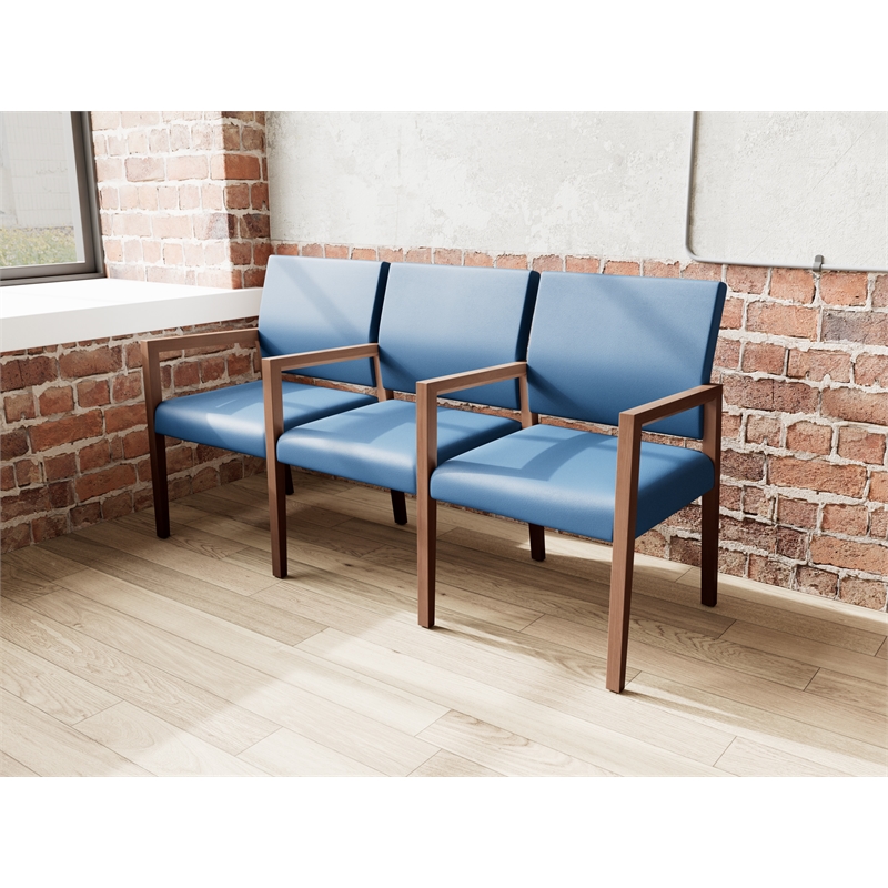 Lesro Brooklyn Waiting Reception 3 Seat Tandem Seating Wood Frame in Blue