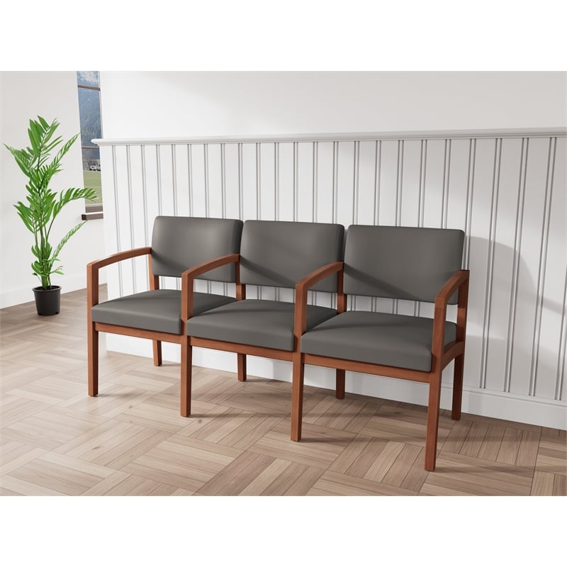 Lesro Industries Wood Waiting Reception 3 Seat Tandem Seating in Gray