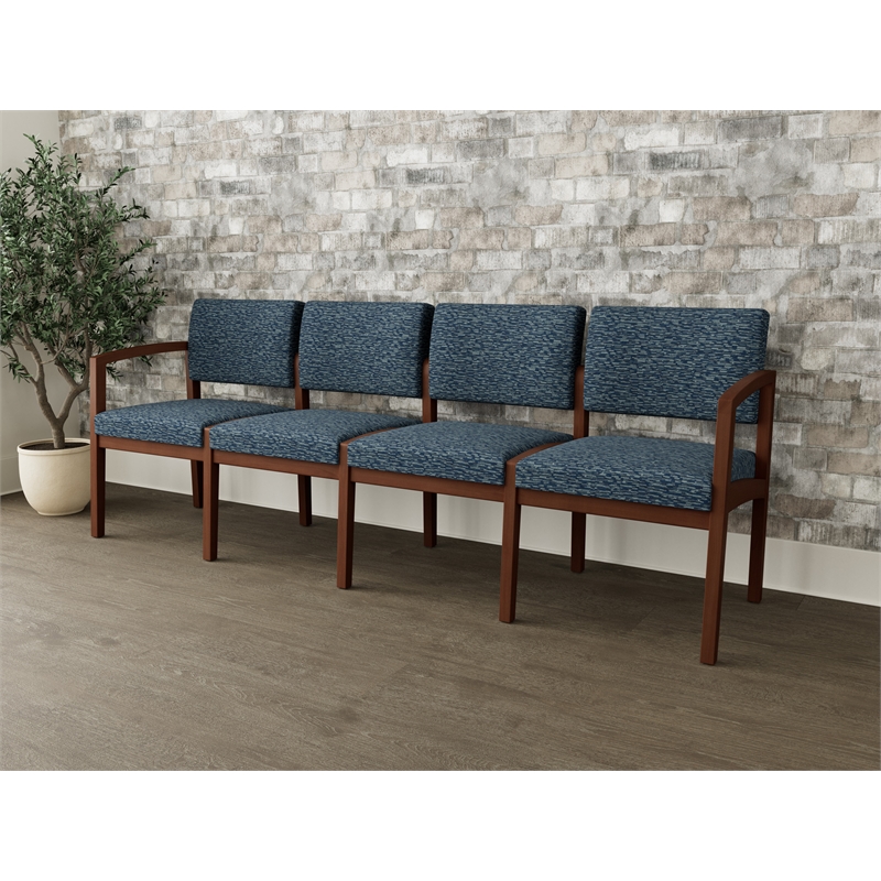 Lesro Industries Wood Waiting Reception 4 Seat Sofa Wood Frame in Blue