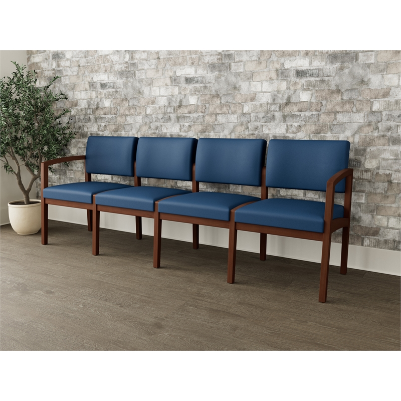 Lesro Industries Wood Waiting Reception 4 Seat Sofa Wood Frame in Blue