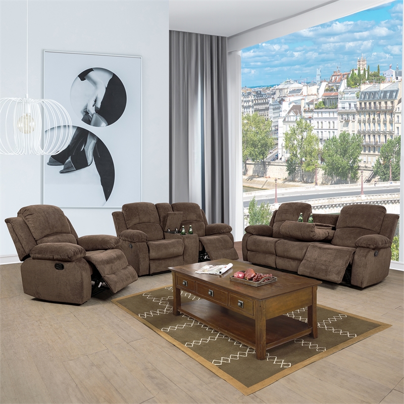 Lifestyle Furniture Rual 3-Pieces Grid Cloth Recliner Sofa Set in Taupe/Brown