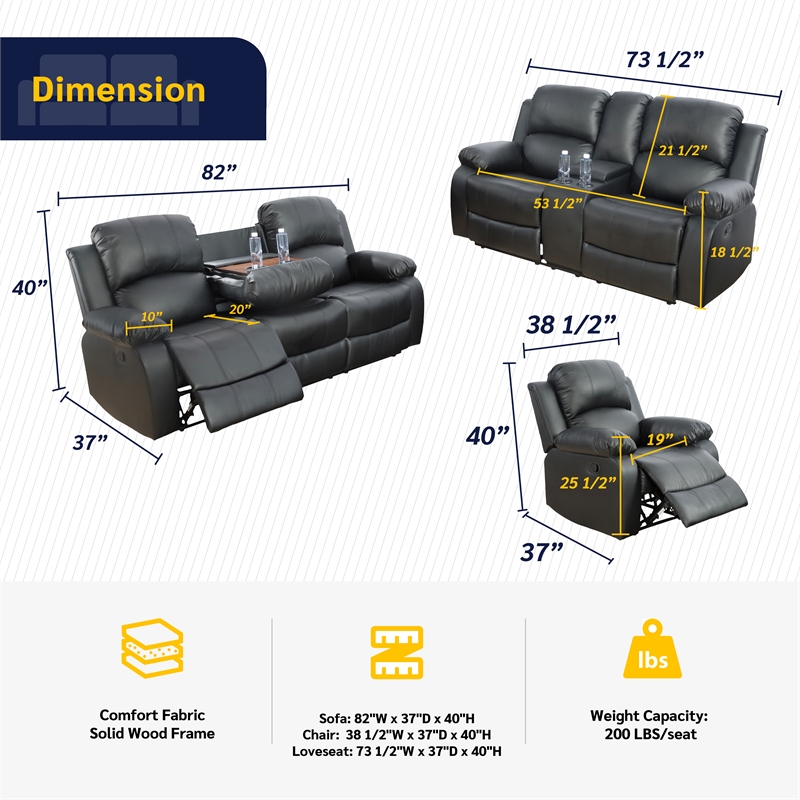 Lifestyle Furniture Provo 3-Pieces Faux Leather Recliner Sofa Set in Black