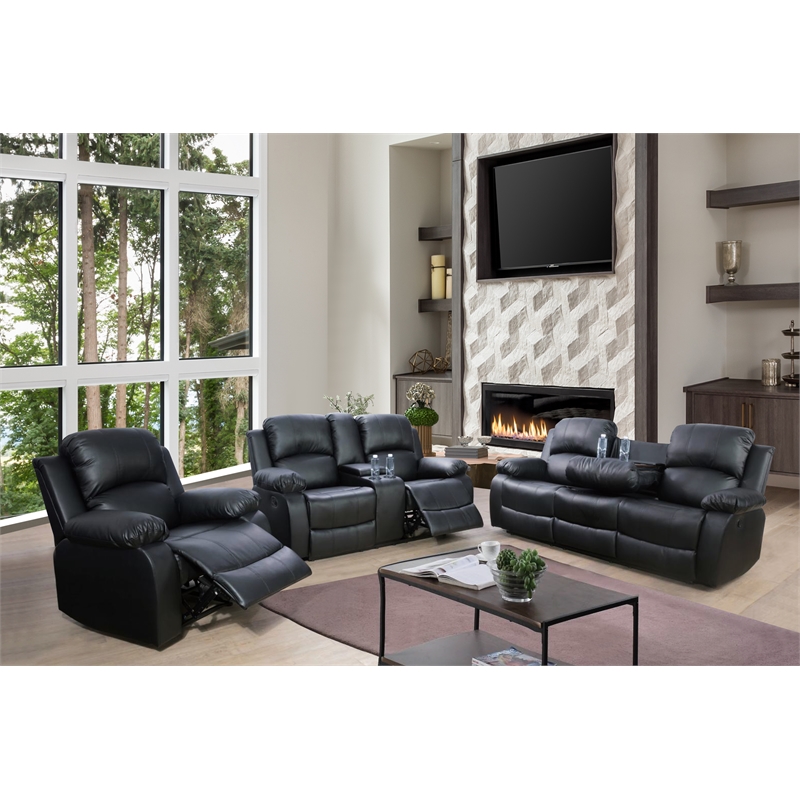 Lifestyle Furniture Provo 3-Pieces Faux Leather Recliner Sofa Set in Black