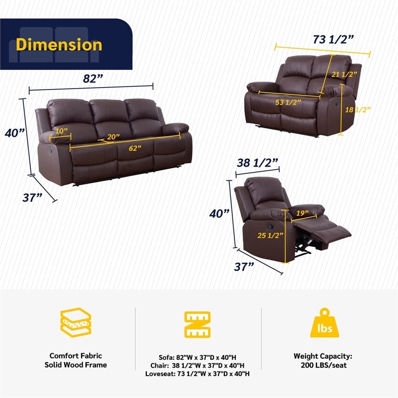 Lifestyle Furniture Raymond 3-Pieces Faux Leather Recliner Sofa Set in Espresso