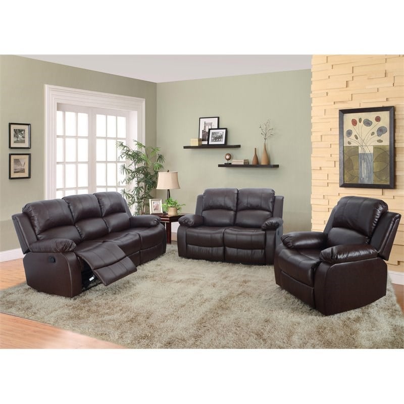 Lifestyle Furniture Raymond 3-Pieces Faux Leather Recliner Sofa Set in Espresso
