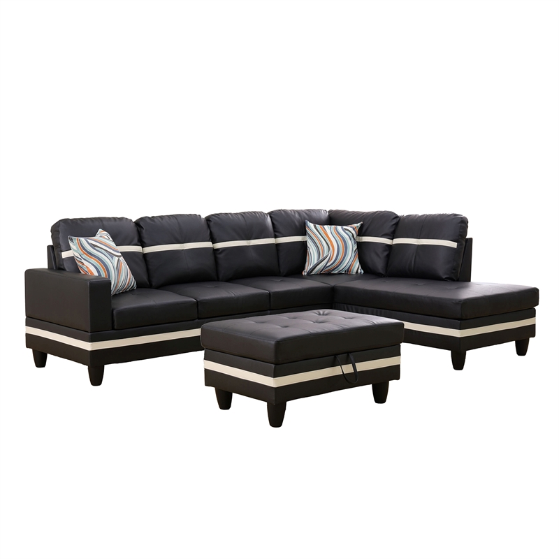 Lifestyle Furniture Biscuits Right-Facing Sectional & Ottoman in Black/White