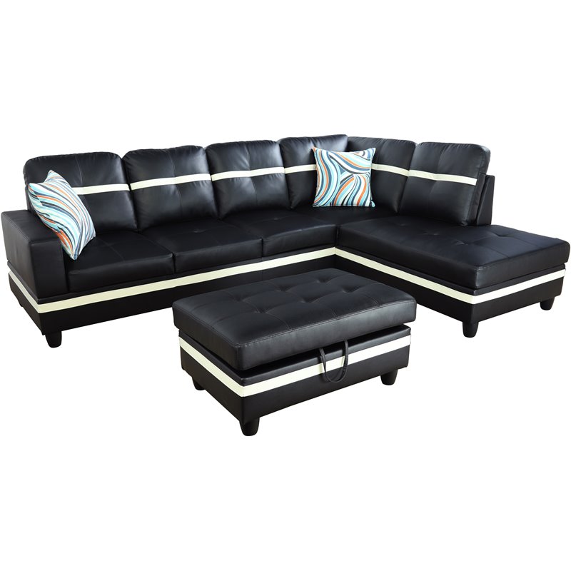 Lifestyle Furniture Biscuits Right-Facing Sectional & Ottoman in Black/White