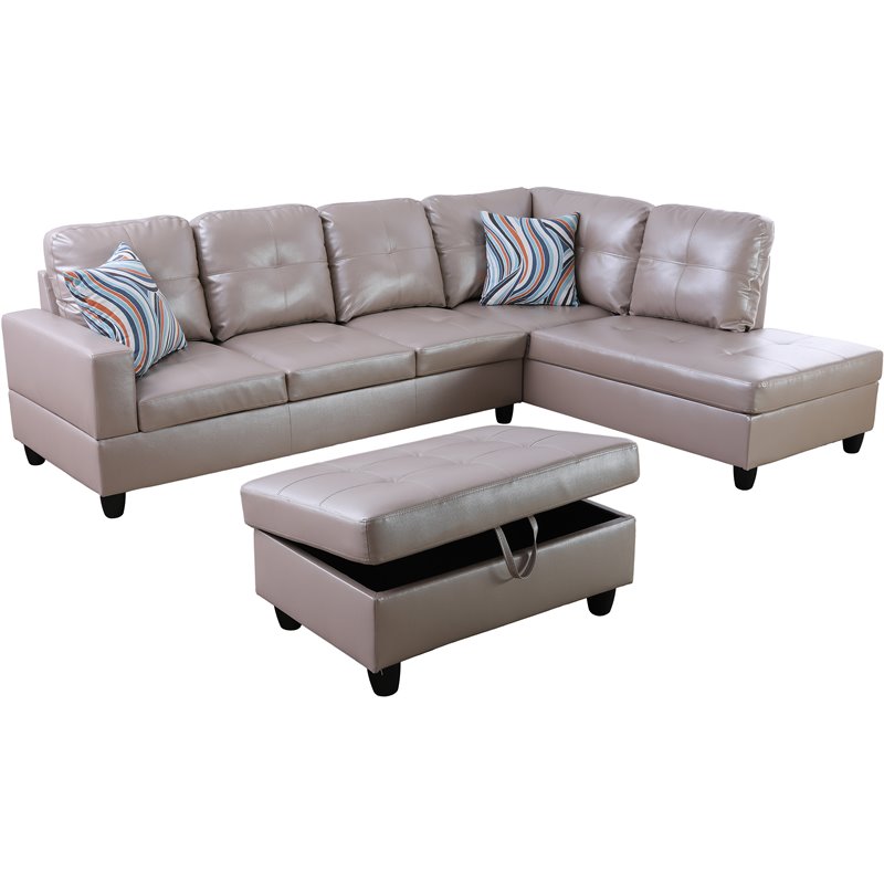 Lifestyle Furniture Biscuits Right-Facing Sectional & Ottoman in Silver/Gold