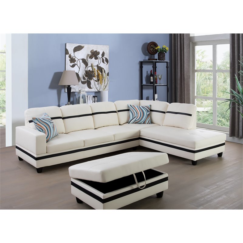 Lifestyle Furniture Biscuits Right-Facing Sectional & Ottoman in White/Black