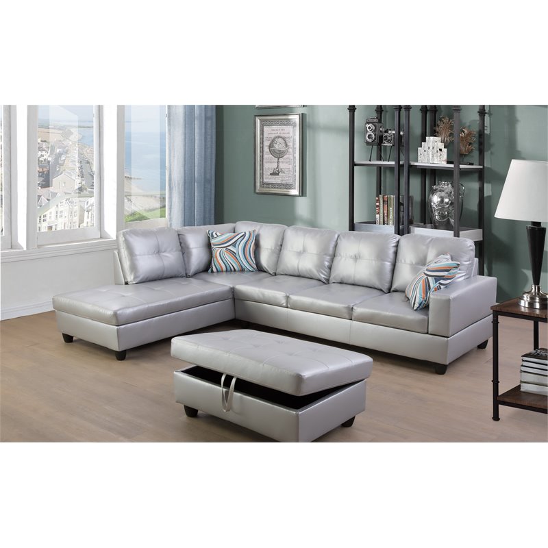 Lifestyle Furniture Lemonda Left-Facing Sectional & Ottoman in Silver/White