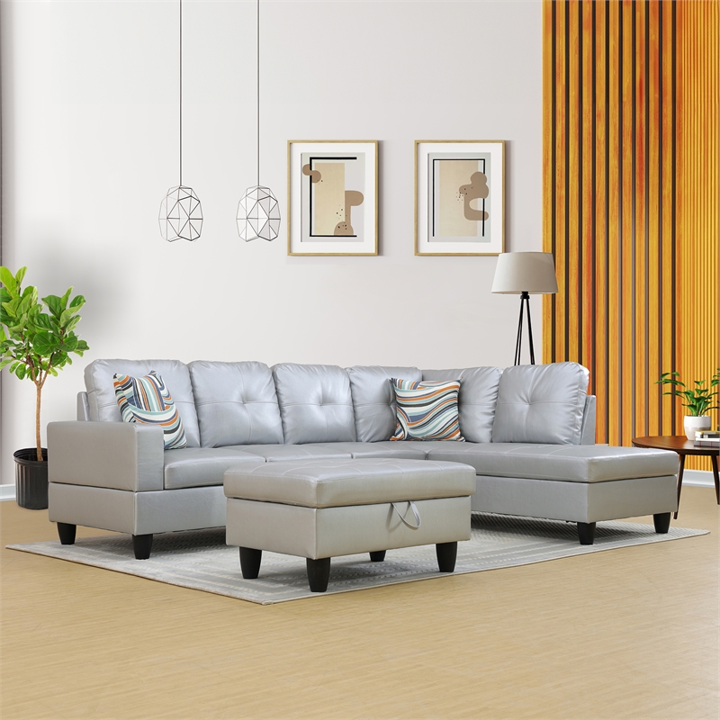 Lifestyle Furniture Biscuits Right-Facing Sectional & Ottoman in Silver/White