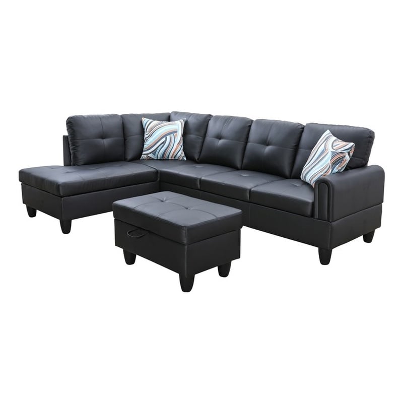 Star Home Living 3PC Faux Leather Sectional w/ottoman (Black)