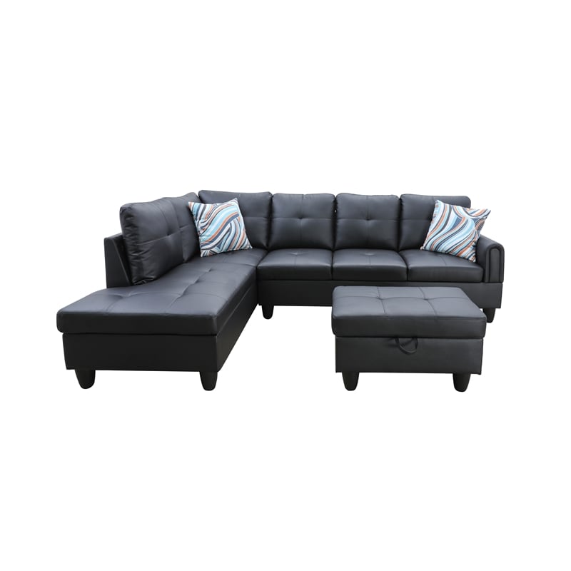 Star Home Living 3PC Faux Leather Sectional w/ottoman (Black)