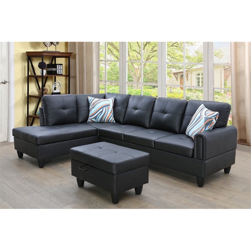 Star Home Living 3PC Faux Leather Sectional w/ottoman (Black)