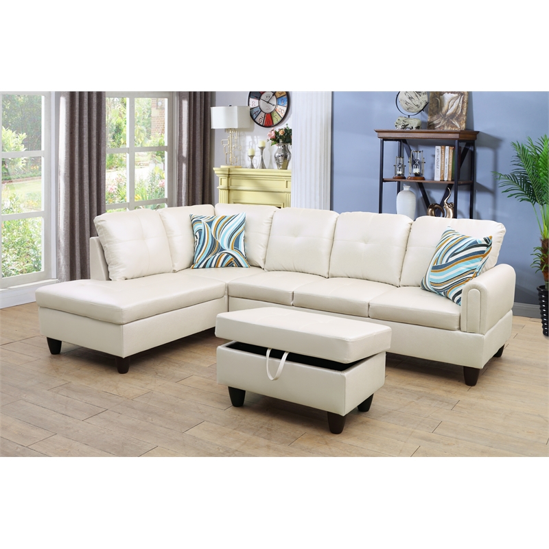 Star Home Living Faux Leather 3-Piece Left Facing Sectional Set in Off White