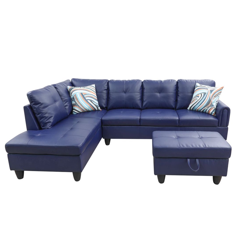Star Home Living Faux Leather 3-Piece Left Facing Sectional Set in Navy Blue