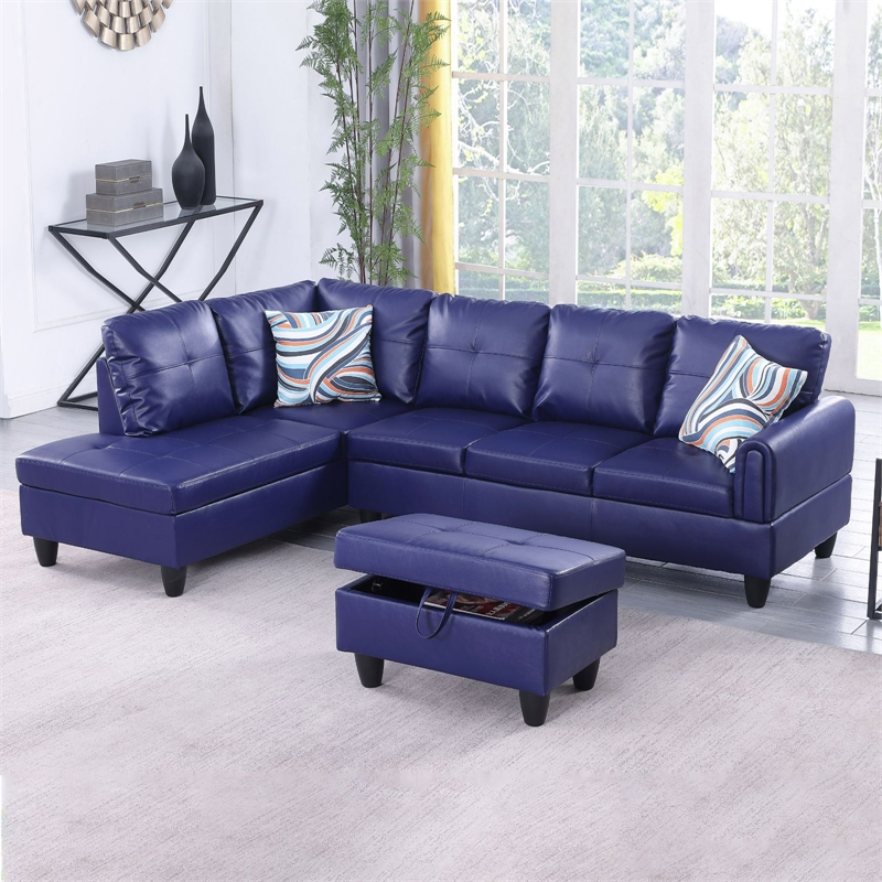 Star Home Living Faux Leather 3-Piece Left Facing Sectional Set in Navy Blue