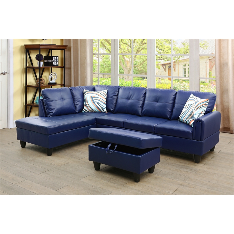 Star Home Living Faux Leather 3-Piece Left Facing Sectional Set in Navy Blue
