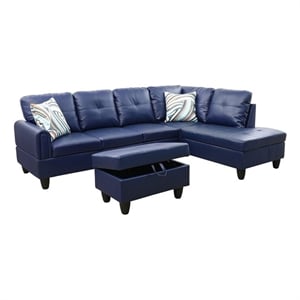 Star Home Living Faux Leather 3-Piece Right Facing Sectional Set in Navy Blue
