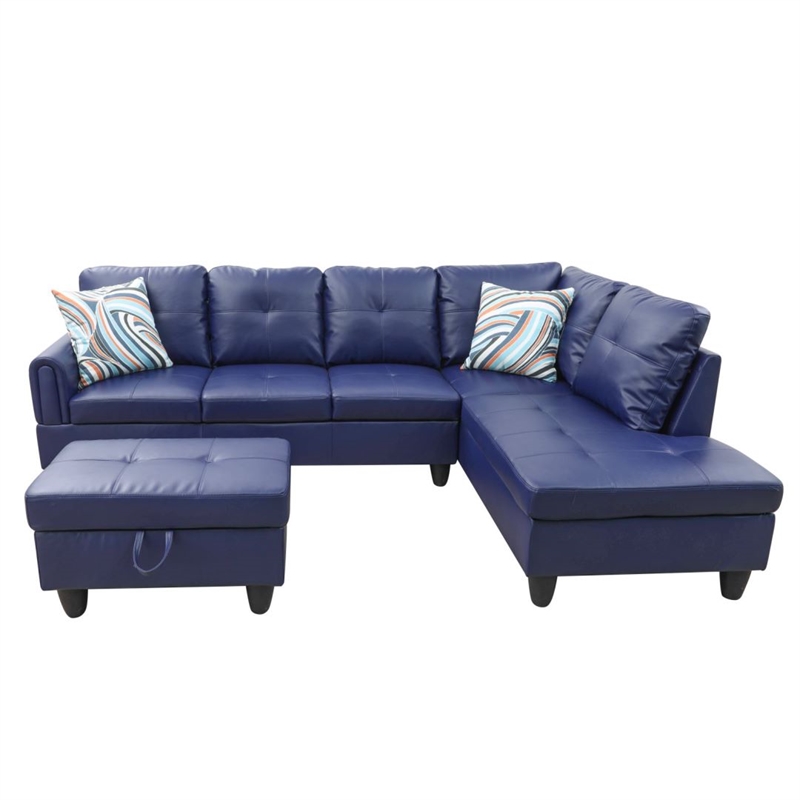 Star Home Living Faux Leather 3-Piece Right Facing Sectional Set in Navy Blue