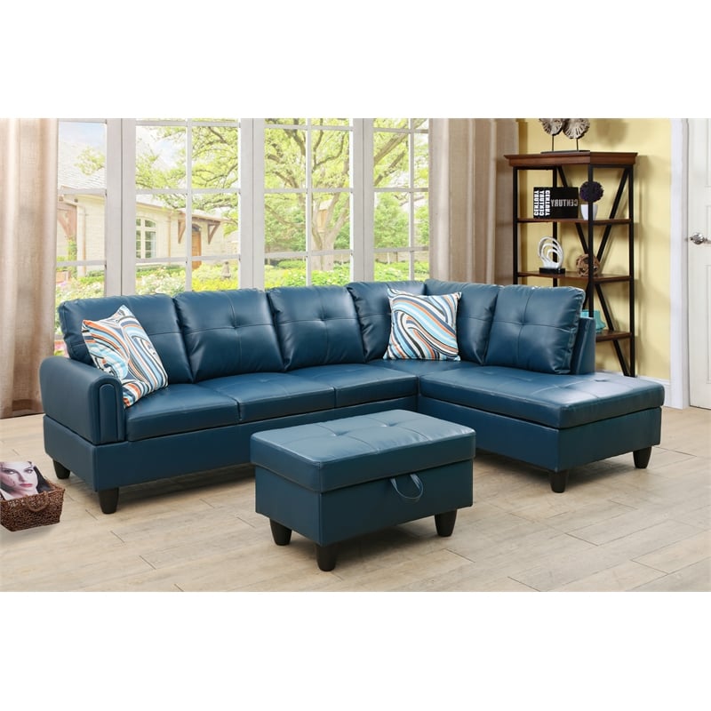 Star Home Living 3PC Faux Leather Sectional w/ottoman (Denim)