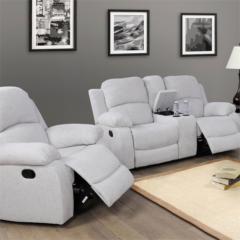 Lifestyle Furniture Nikki 3-Piece Modern Microfiber Recliner Sofa Set in White