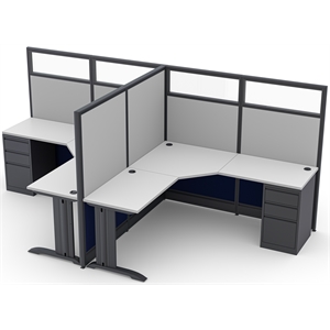 2-person l-shaped workstation with glass topper - gray/royal blue