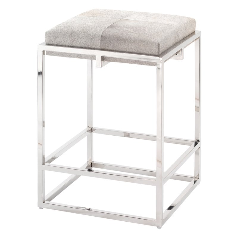 Jamie Young Co Shelby Modern Stainless Steel/Hide Counter Stool in Nickel/Gray
