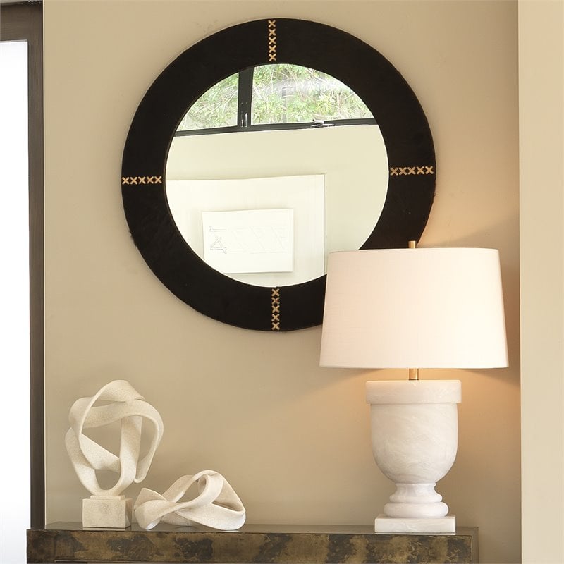 Jamie Young Co Round Cross Stitch Modern Leather Hide Mirror in Espresso/Brass