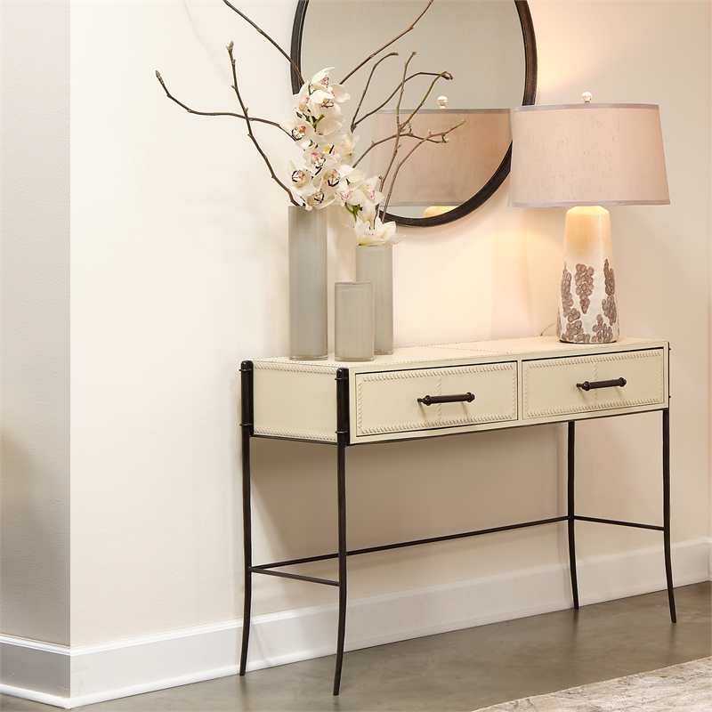 Jamie Young Co Nevado 2-Drawer Leather & Iron Console Table in Off White/Black