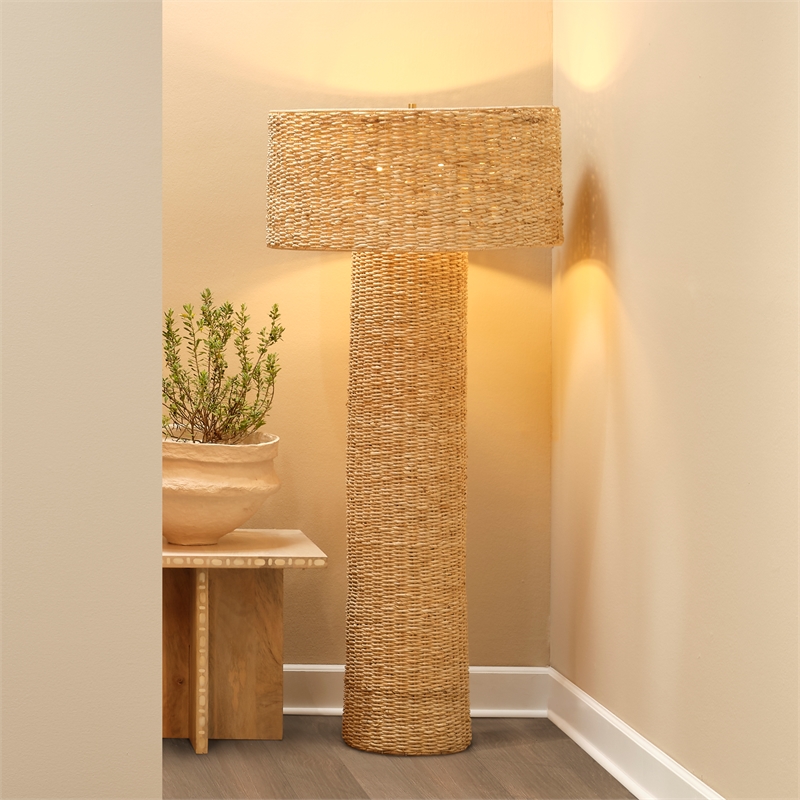 Jamie Young Co Big Island Woven Floor Lamp In Natural With Cornhusk Drum Shade