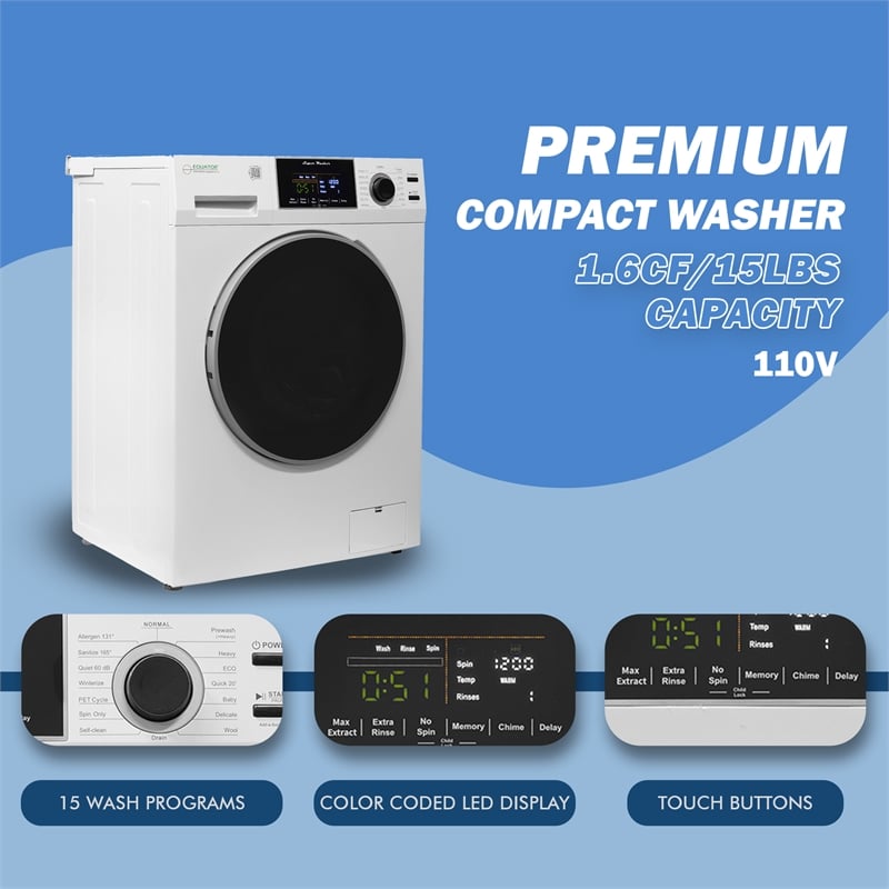 Equator 1.6 cu.ft./15 lbs White 110V Front load Washer 15 programs + Pet Cycle