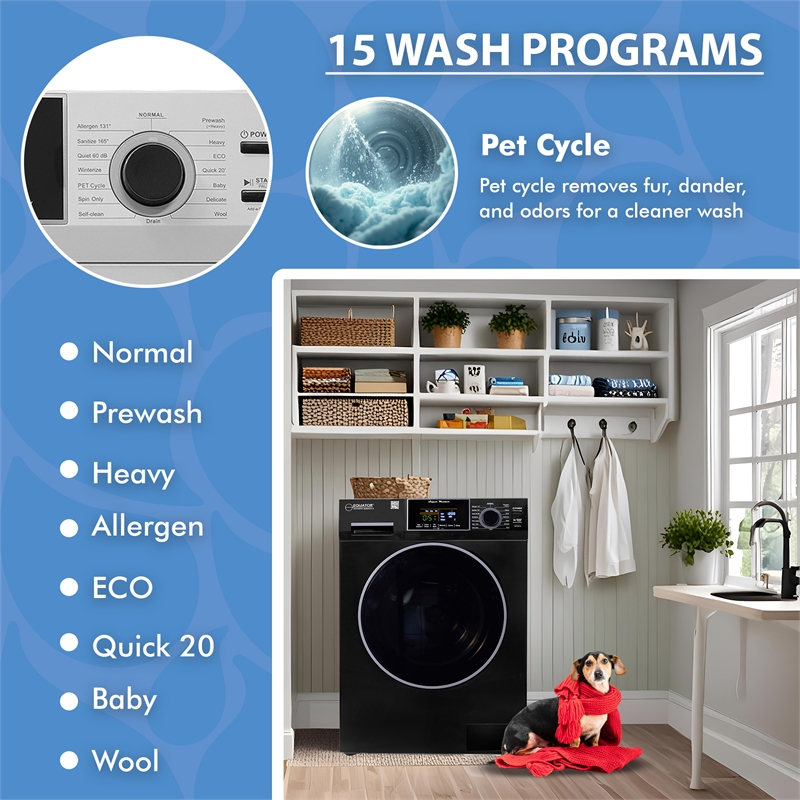 Equator 1.6 cu.ft./15 lbs Black 110V Front load Washer 15 programs + Pet Cycle