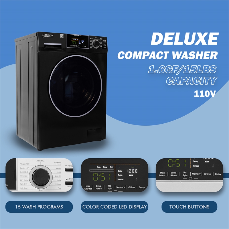 Equator 1.6 cu.ft./15 lbs Black 110V Front load Washer 15 programs + Pet Cycle