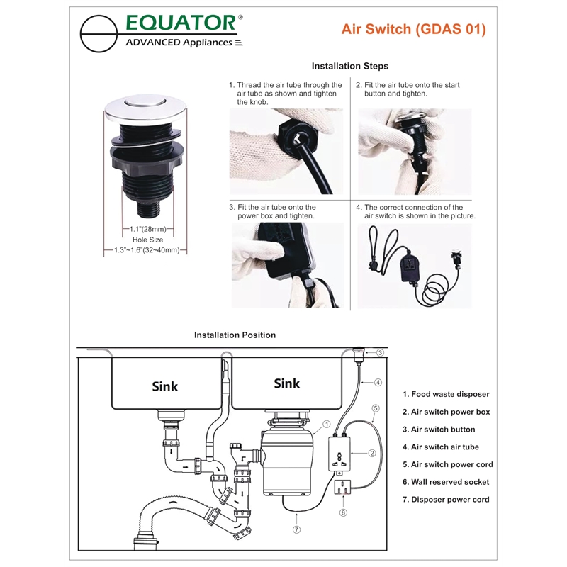 AIR SWITCH for Garbage Disposer COUNTERTOP OPERATION 110V 12A