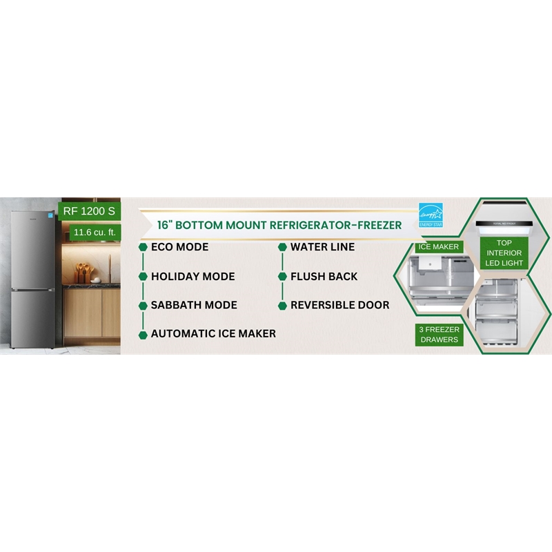 Bottom Mount Refrigerator-Freezer w/ICE MAKER Frost Free Reversible 110V - EStar