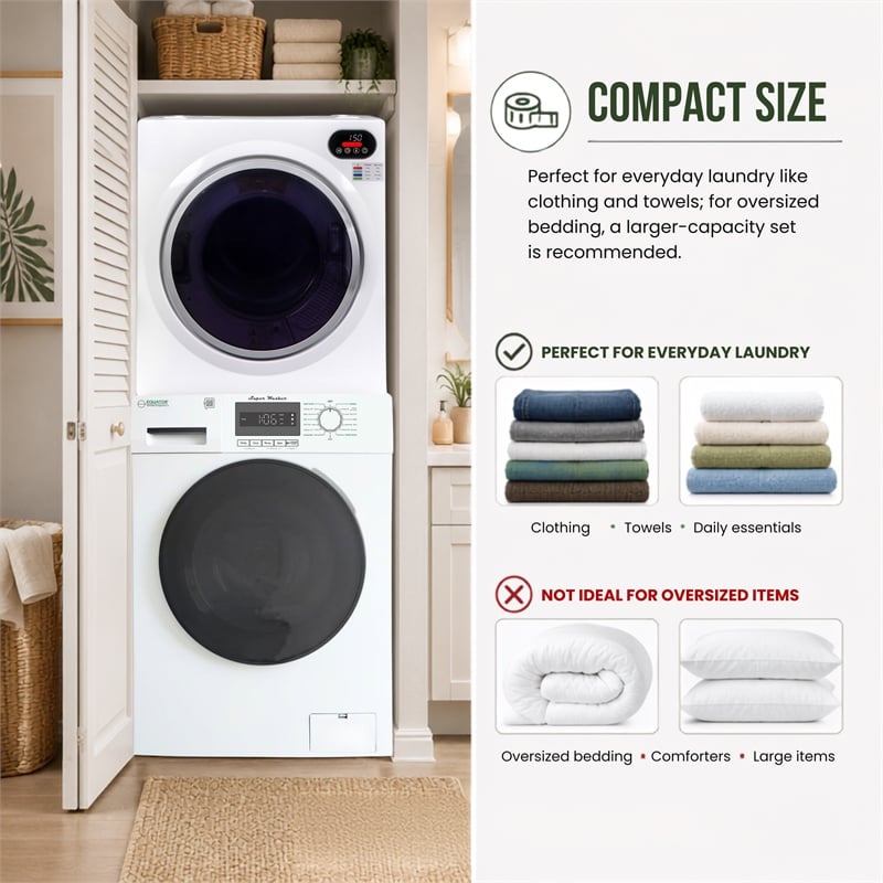 Equator Compact Stackable Laundry Washer EW 822 1.57cf + Dryer ED 848 2.6cf 110V