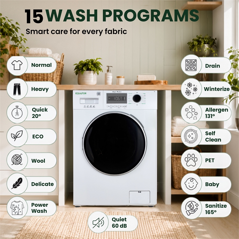 Equator VALUE STACK LAUNDRY 220V 26 Lbs Washer 2.5cf+Vented Dryer 4cf 1 OUTLET
