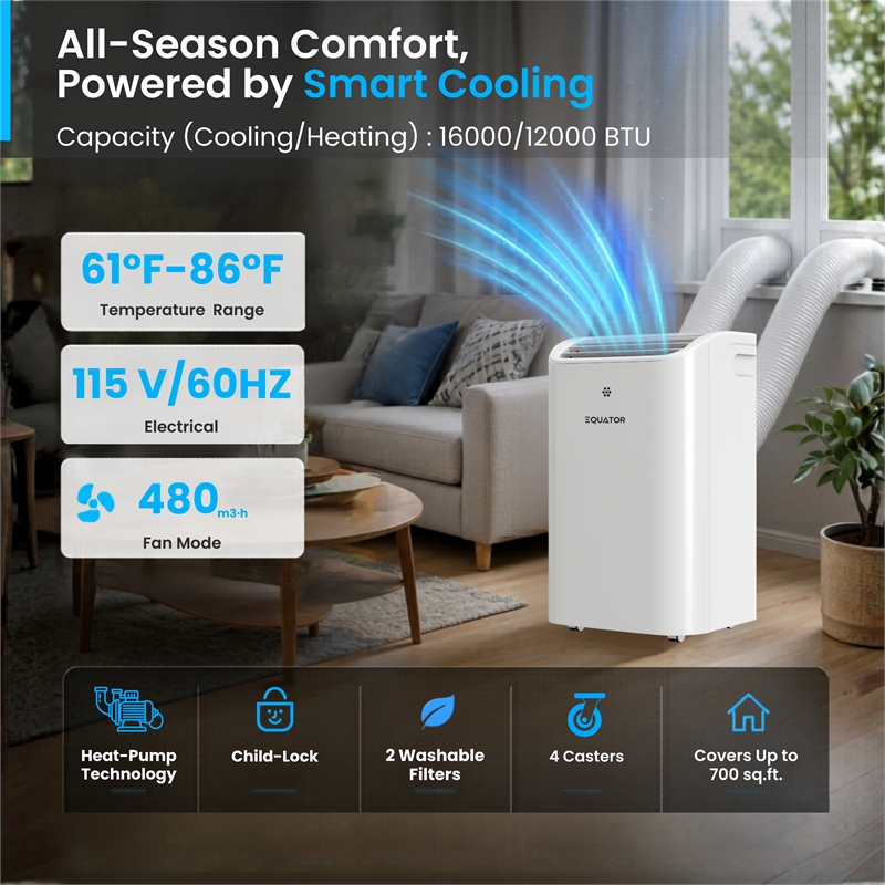 Equator 16000BTU Portable AC Cool+Heat 700sf Auto Swing 110V